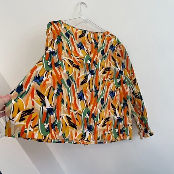 SHEIN CURVE Plus Size Abstract Flounce Sleeve Blouse Brushstroke Long Sleeve 4XL - Picture 13 of 13